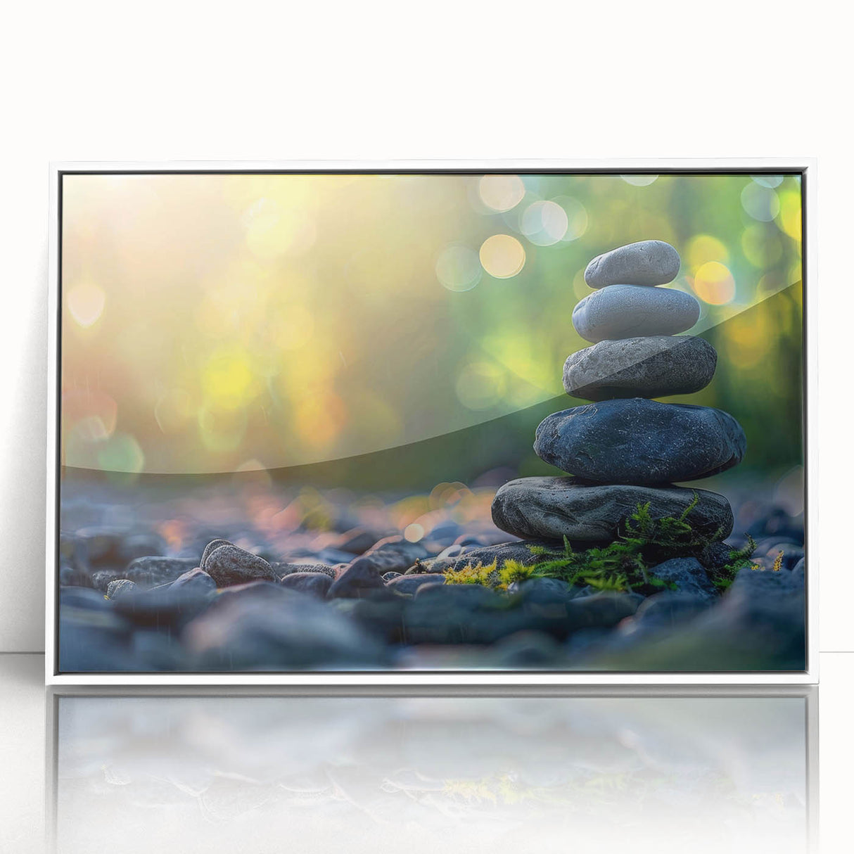 Framed acrylic wall art featuring a serene landscape design with rocks and greenery, set in a sleek white frame, ideal for modern home decor.