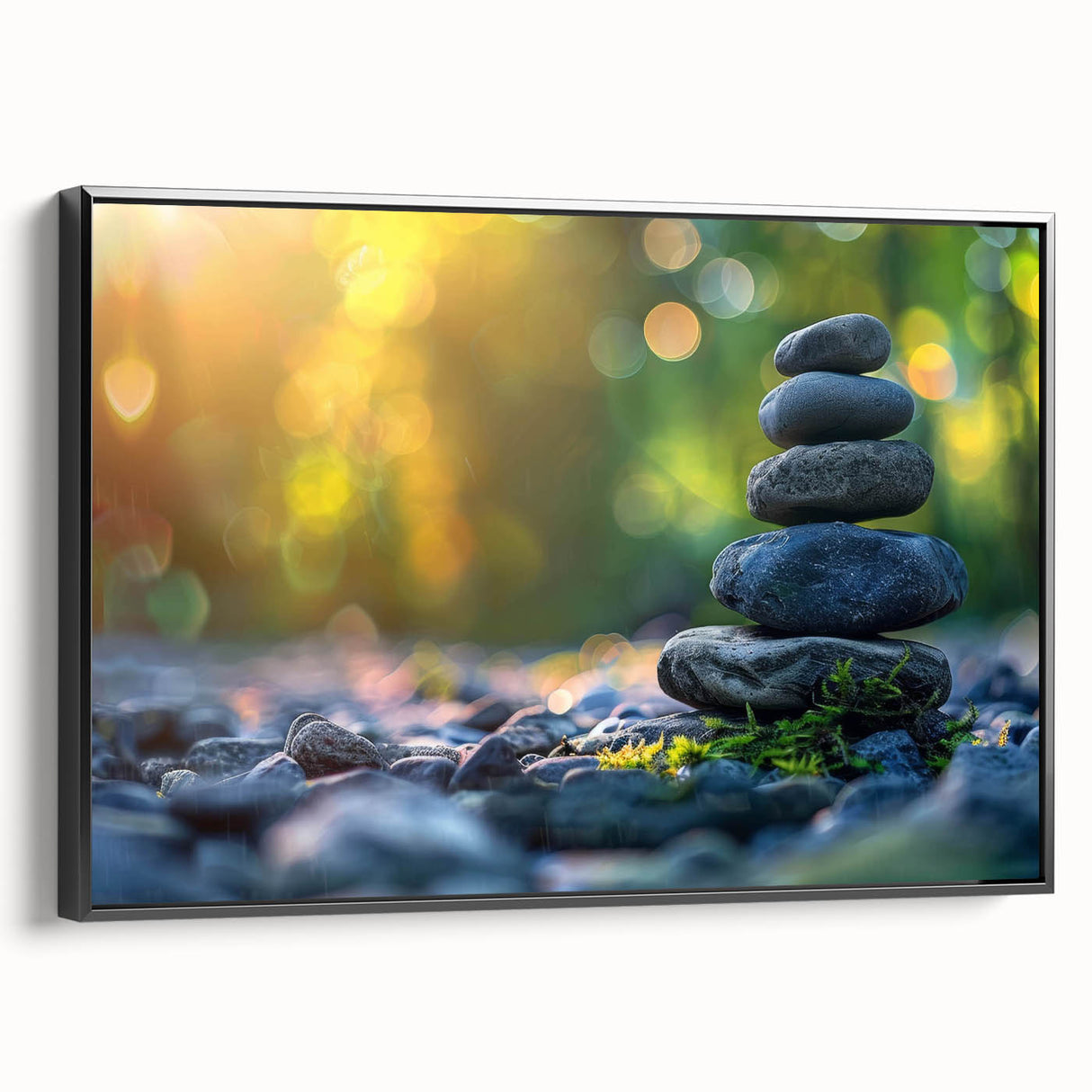 Framed canvas wall art featuring a serene landscape design with rocks and abstract elements, showcased in a sleek black frame, perfect for modern decor.
