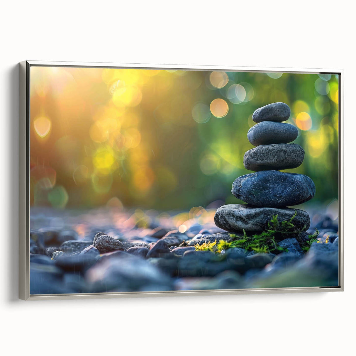 Framed canvas wall art showcasing a serene landscape with rocky formations, accented by a sleek silver frame. Ideal for modern home decor and interior design.