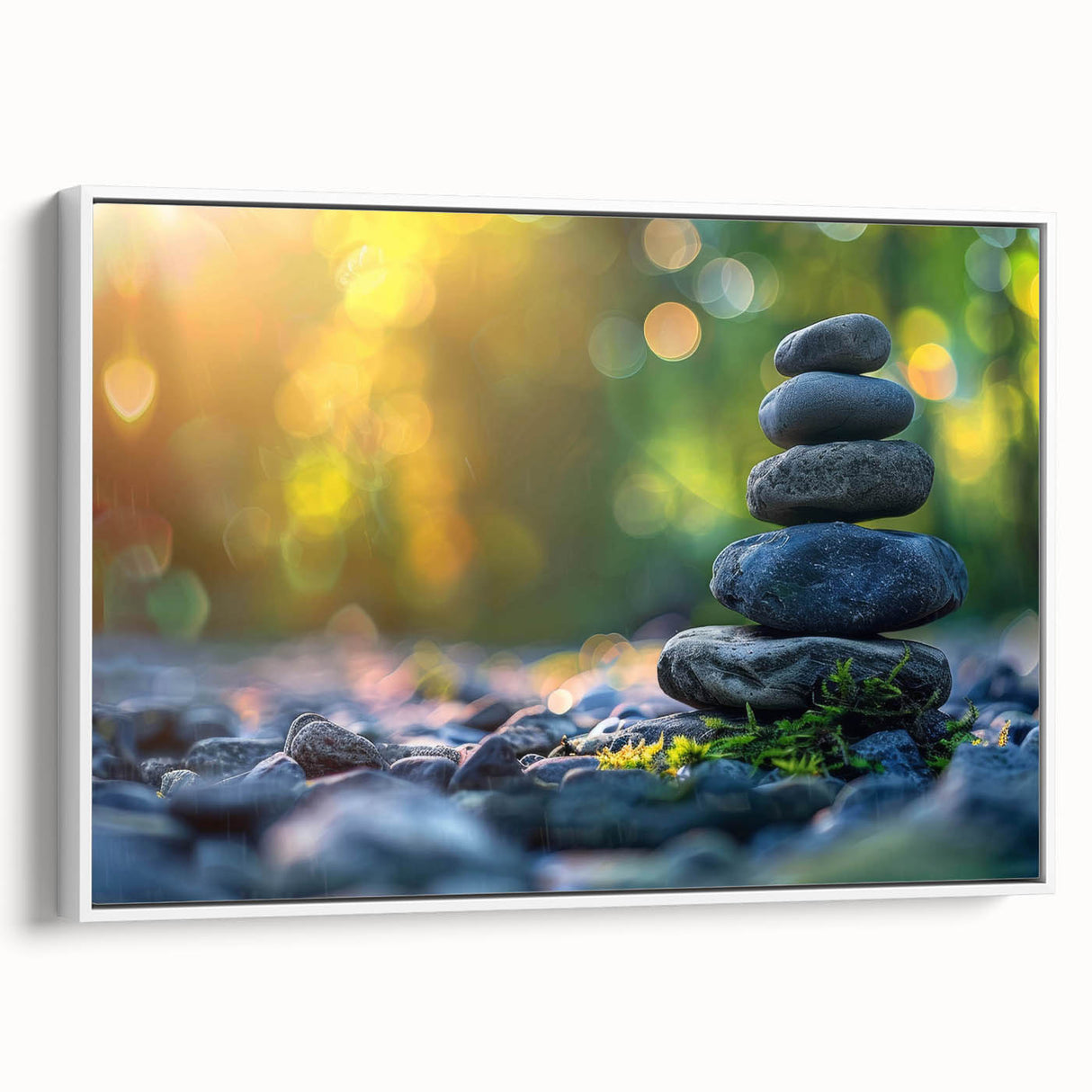 Framed canvas wall art showcasing a serene landscape with textured rocks and soft colors, highlighted by a white frame, perfect for modern home decor.