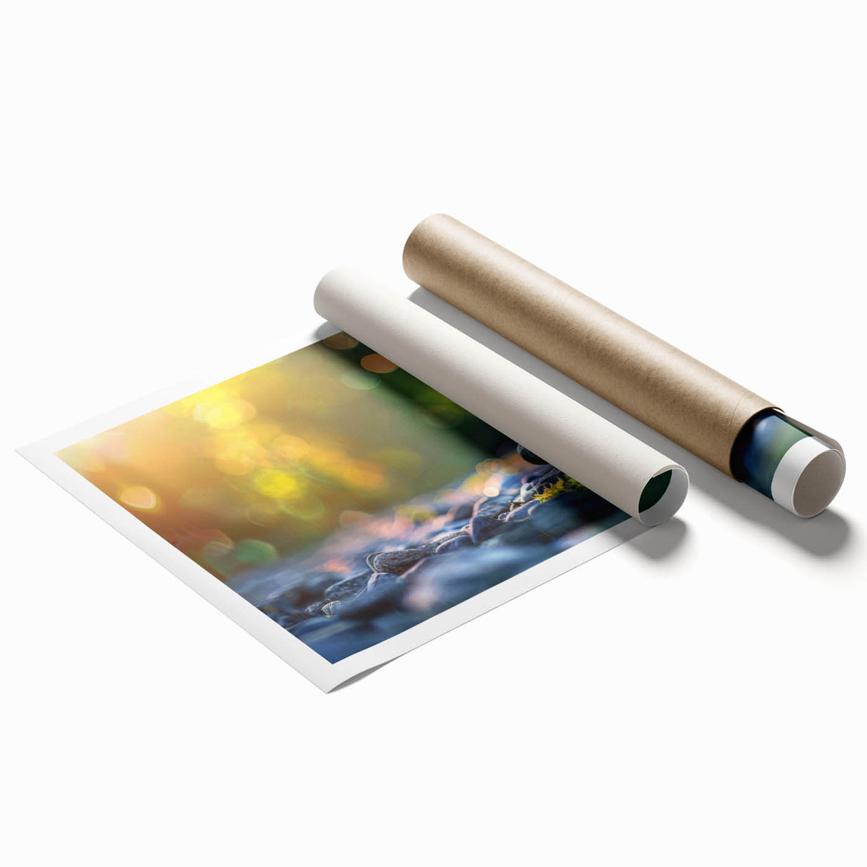 Vibrant rolled print showcasing a serene landscape of rocky hills and blue skies, perfect for home decor, delivered in a protective cardboard tube.
