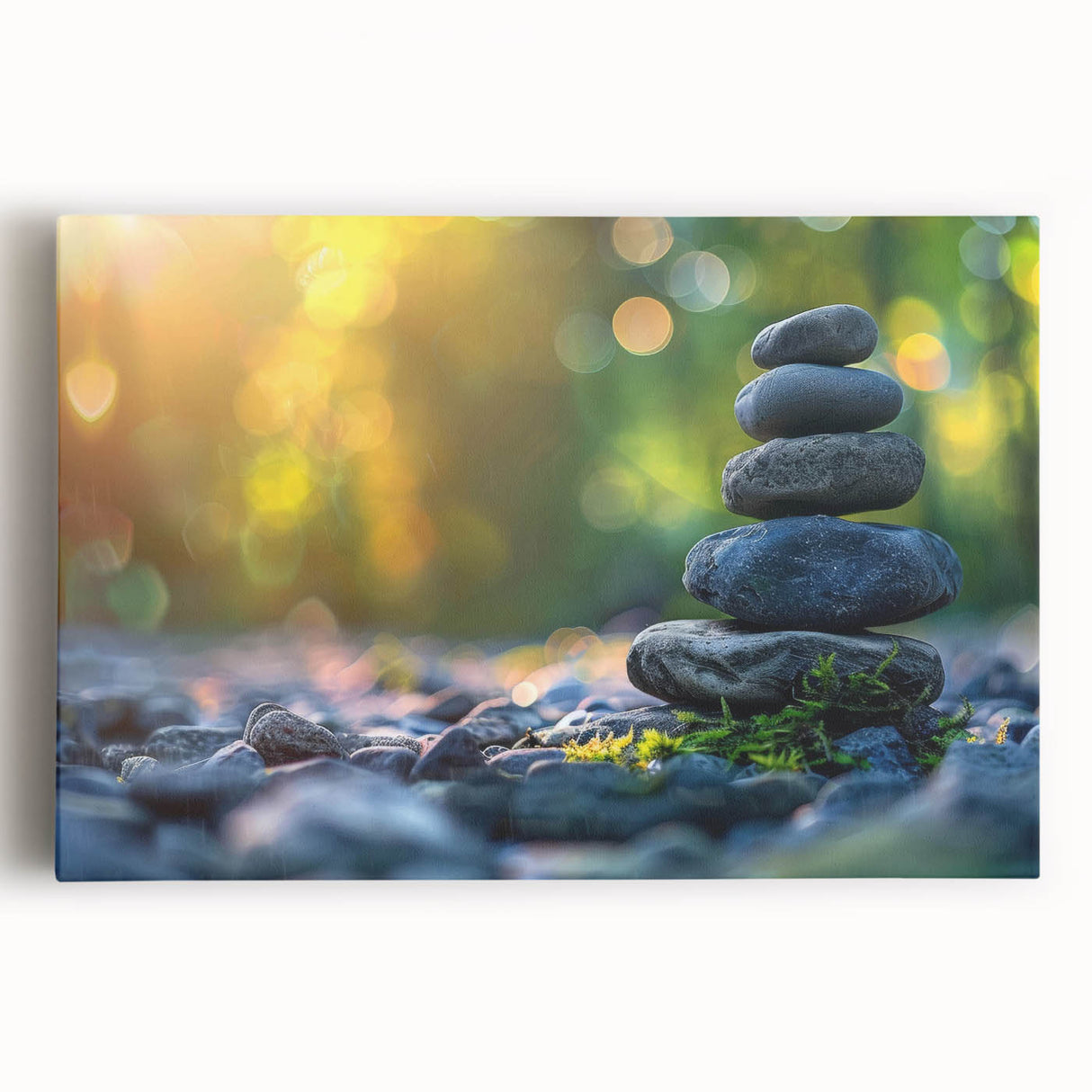 Stretched canvas wall art showcasing a vibrant abstract landscape with textured rocks and warm earth tones, perfect for modern home decor. Ideal for enhancing living spaces.
