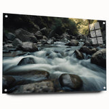 Acrylic glass wall art featuring a stunning abstract landscape design with vibrant colors and intricate rock formations, displayed in a side view showcasing its sleek edges and mounting pins. Perfect for modern home decor.