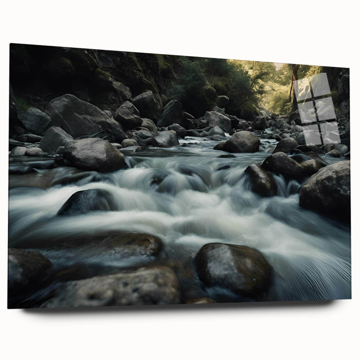 Acrylic glass wall art showcasing a stunning landscape with rocky formations, featuring vibrant colors and intricate details, ideal for modern home decor.