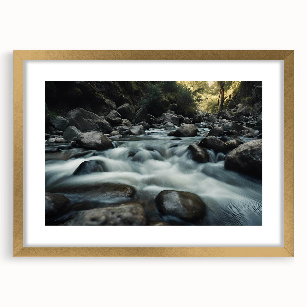 Framed wall art showcasing a stunning landscape of rocks, featuring a gold mat and elegant frame, ideal for enhancing interior decor with natural beauty.