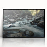 Framed acrylic wall art featuring a modern landscape design with rocky terrain, highlighted by a black frame, perfect for contemporary home decor.