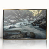 Framed acrylic wall art depicting an abstract landscape featuring rocks, with a gold frame, perfect for modern home decor. Ideal for enhancing living spaces.