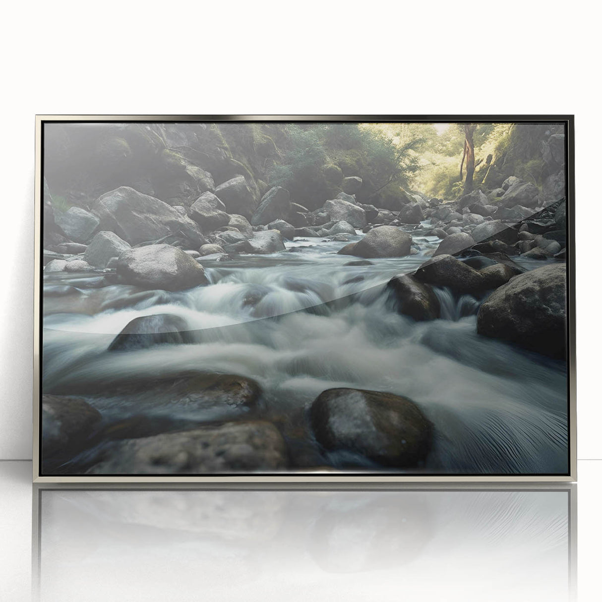 Framed acrylic wall art showcasing a modern landscape design with intricate rock formations, featuring a sleek silver frame, ideal for contemporary decor.