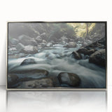 Framed acrylic wall art showcasing a modern landscape design with intricate rock formations, featuring a sleek silver frame, ideal for contemporary decor.