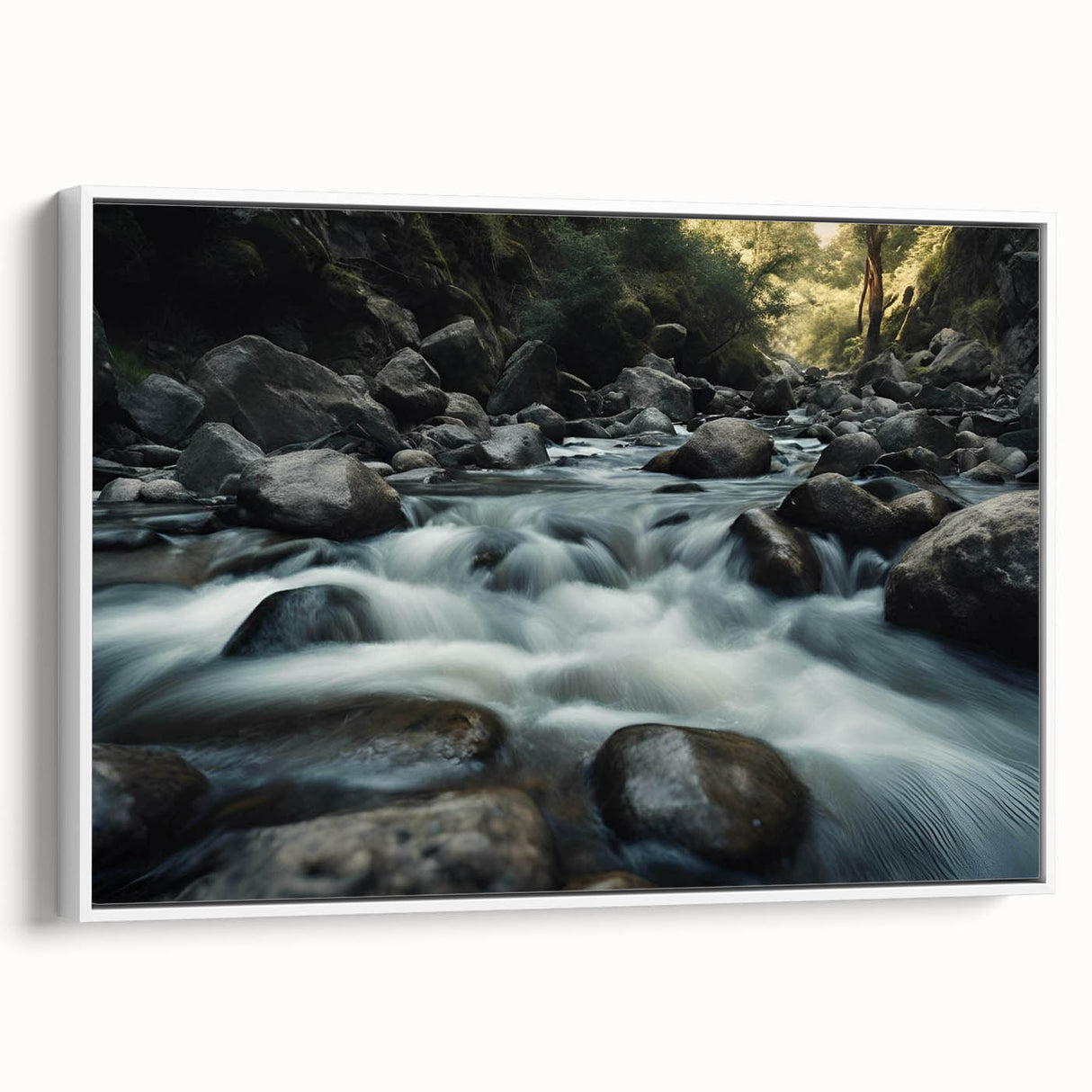 Framed canvas wall art showcasing a stunning landscape design with rocky formations, featuring a white frame and side view for a modern touch, perfect for home decor.