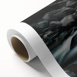 Rolled canvas showcasing a vibrant abstract landscape with rocky formations in rich earth tones, perfect for modern home decor and artistic expression.