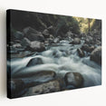 Stretched canvas wall art featuring a serene landscape of rocks and greenery, showcasing earthy tones and intricate details, ideal for modern home decor.