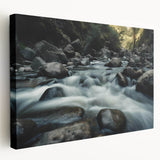 Stretched canvas wall art featuring a serene landscape of rocks and greenery, showcasing earthy tones and intricate details, ideal for modern home decor.