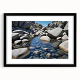 Black-framed wall art showcasing a serene landscape with rocks and a vibrant sky, ideal for enhancing modern home decor aesthetics. Perfect for living rooms or offices.