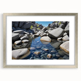 Framed wall art featuring a landscape design with rocks, presented in a sleek silver frame and matting, ideal for modern home decor. Perfect for adding elegance to living spaces.