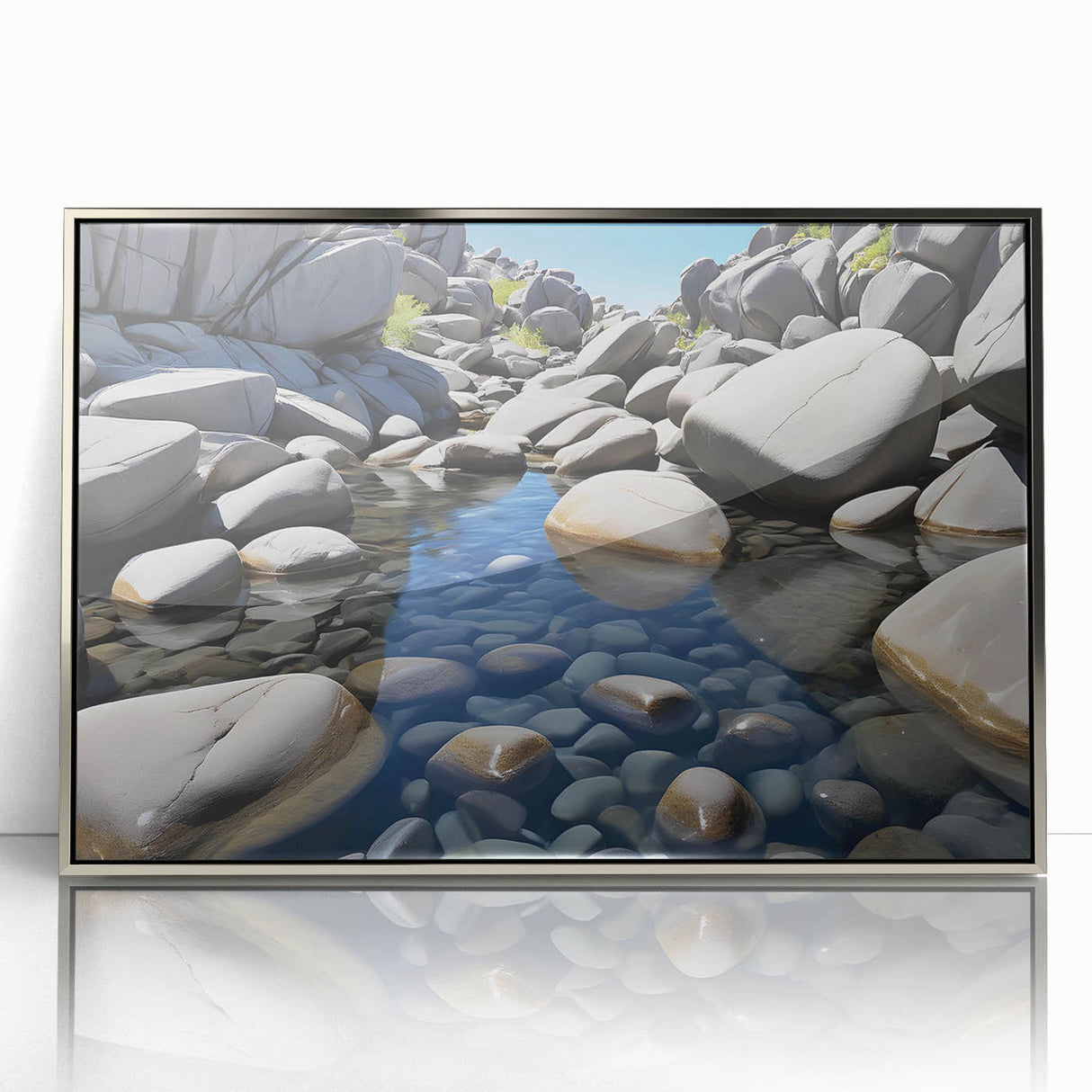 Framed acrylic wall art featuring a vibrant landscape design with textured rocks and natural hues. Ideal for modern home decor, enhancing any living space's aesthetic.