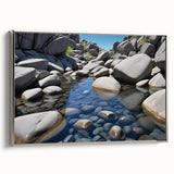 Framed canvas wall art displaying a serene landscape of rocks with a silver frame, ideal for modern home decor. Perfect for adding a tranquil touch to any space.