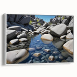 Framed canvas wall art showcasing a serene landscape design with rocks and greenery, presented in a sleek white frame for a modern touch, ideal for home decor.