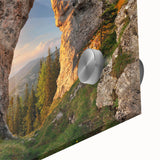 Close-up of a vibrant wall art piece showcasing abstract rock formations in rich earth tones, designed with acrylic glass for a modern aesthetic. The artwork is part of a unique landscapes collection, perfect for enhancing contemporary home decor.