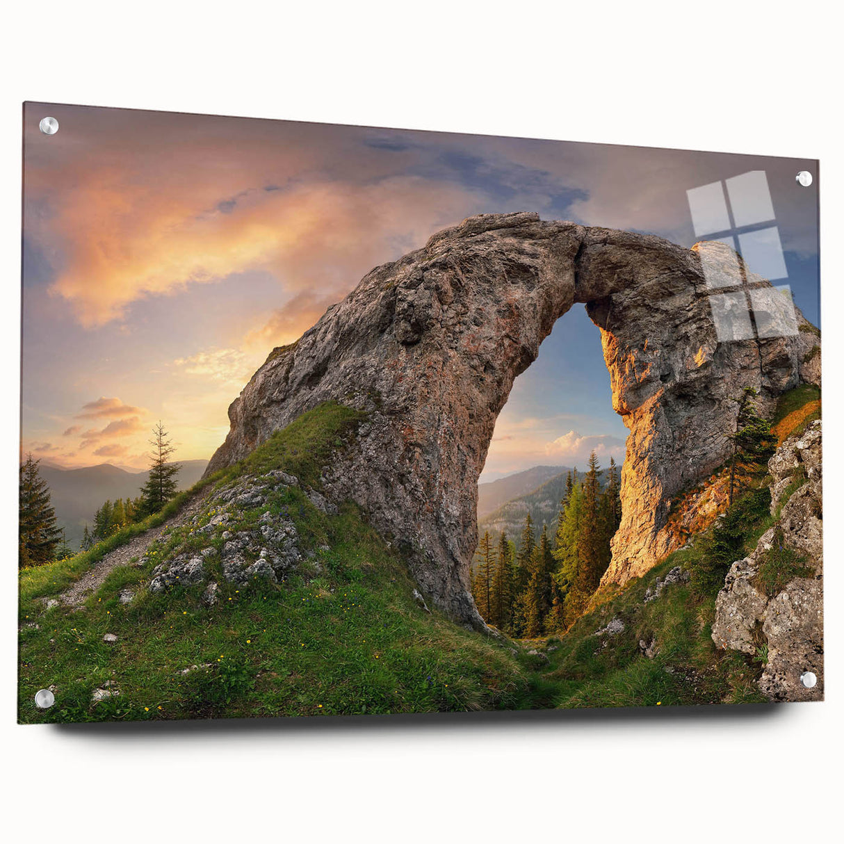 Acrylic glass wall art showcasing a stunning landscape with detailed rock formations, designed for side display, featuring modern aesthetics and vibrant colors. Perfect for enhancing contemporary decor.