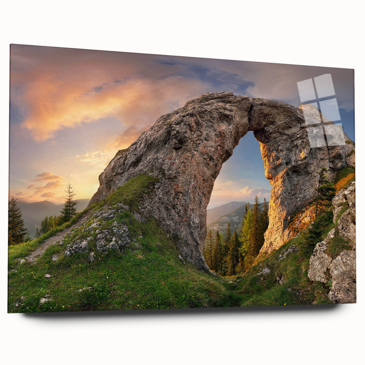 Side view of a stunning acrylic glass wall art piece showcasing a modern landscape design with vibrant rock formations, ideal for contemporary home decor.