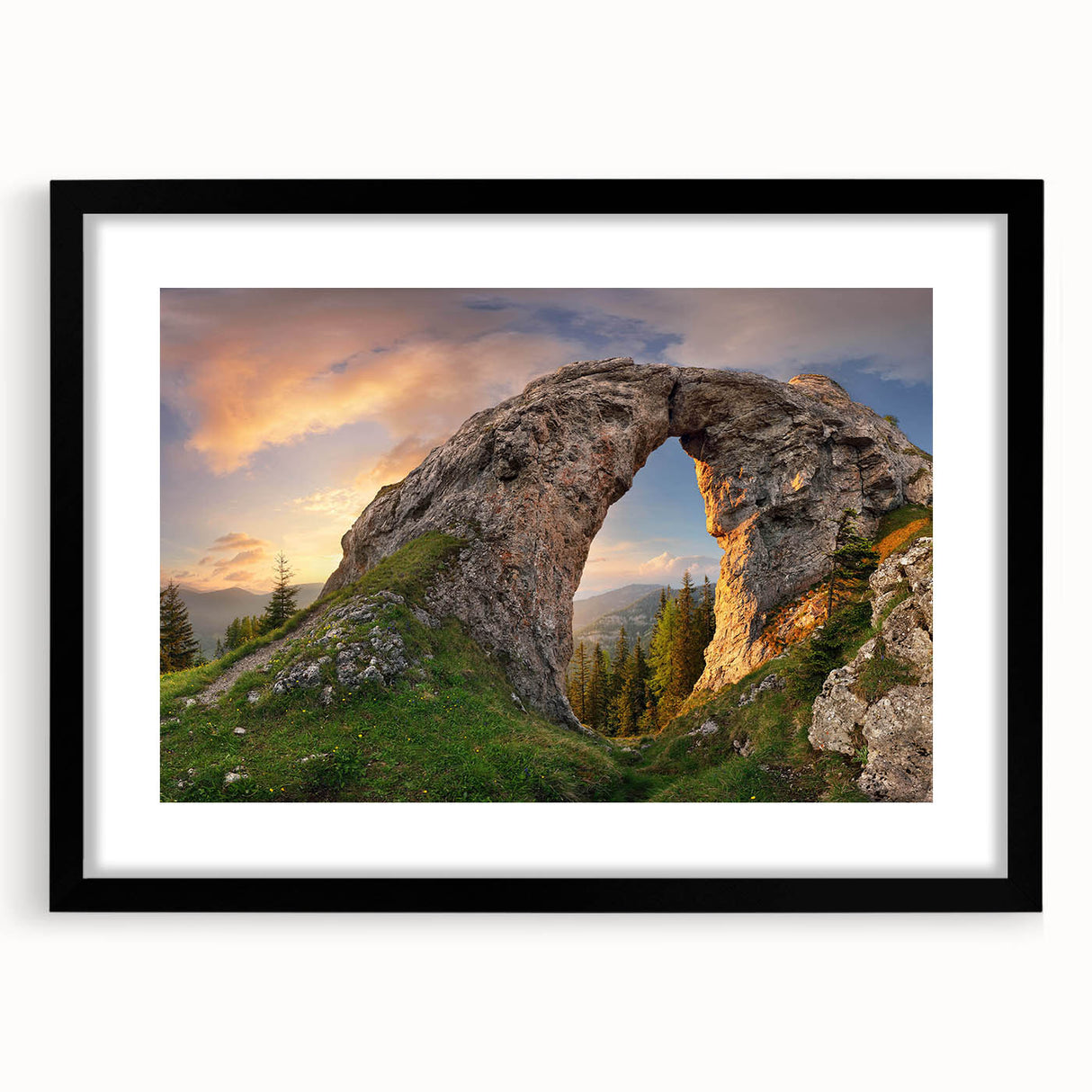 Framed wall art featuring a striking landscape design with rocks, presented in a sleek black frame and white mat, enhancing modern decor aesthetics.