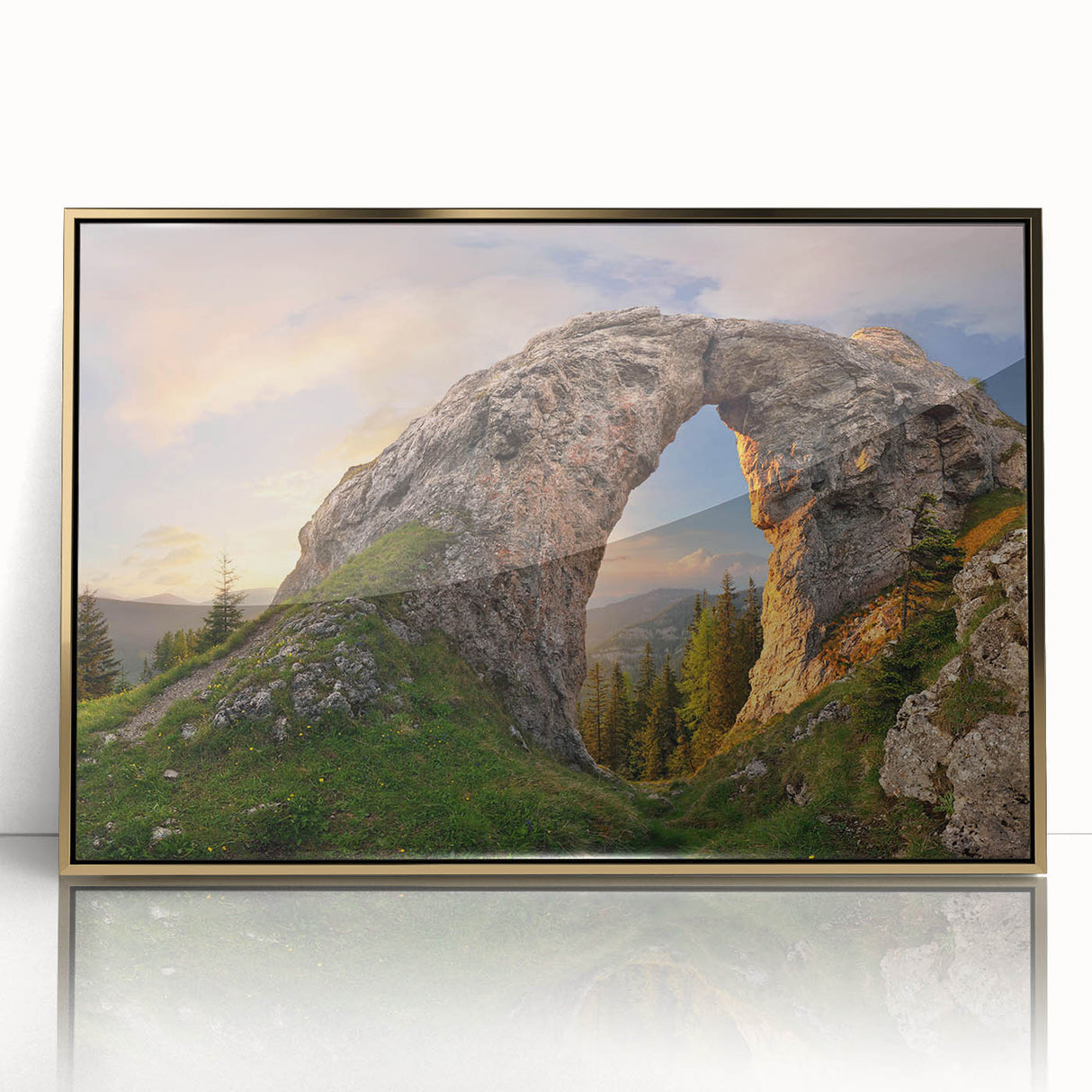 Framed acrylic wall art showcasing a stunning landscape with intricate rock formations, highlighted by a gold frame, perfect for modern home decor accents.