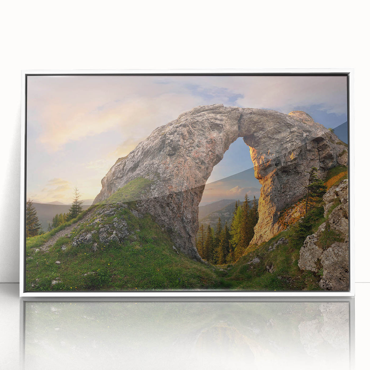 Framed acrylic wall art showcasing a vibrant landscape design with striking rock formations, displayed against a white backdrop, perfect for modern home decor.