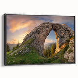Framed canvas wall art showcasing a stunning landscape design with rocky formations, featuring a sleek black frame in a side view that highlights its elegant presentation.