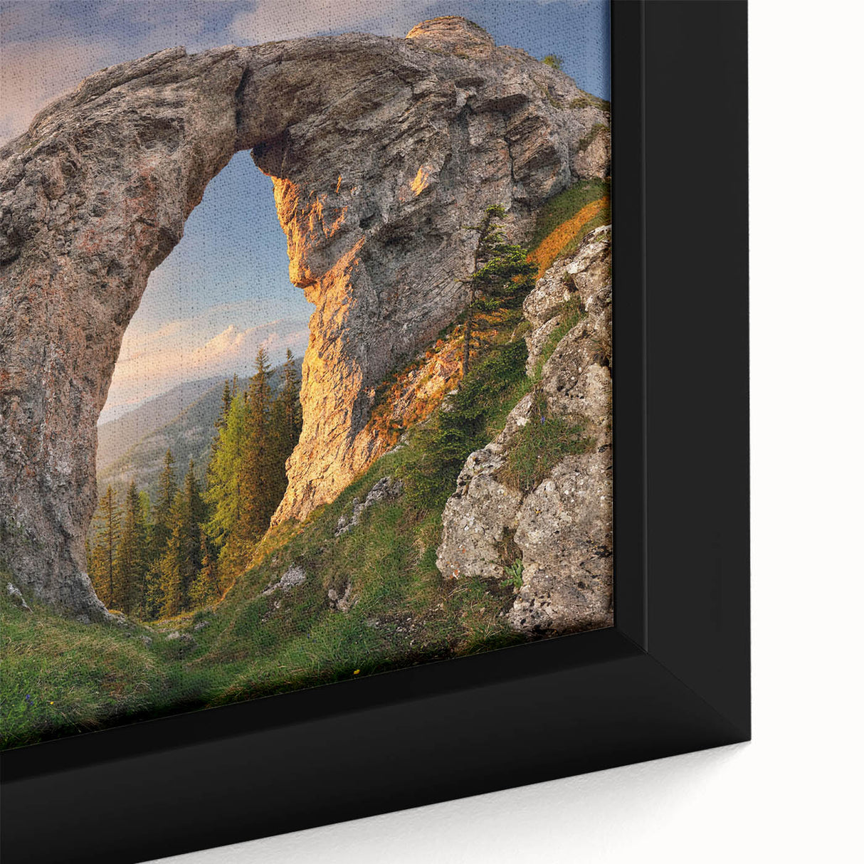 Close-up of a framed canvas wall art piece showcasing a vibrant landscape design featuring textured rocks in earthy tones, ideal for home decor enhancement.