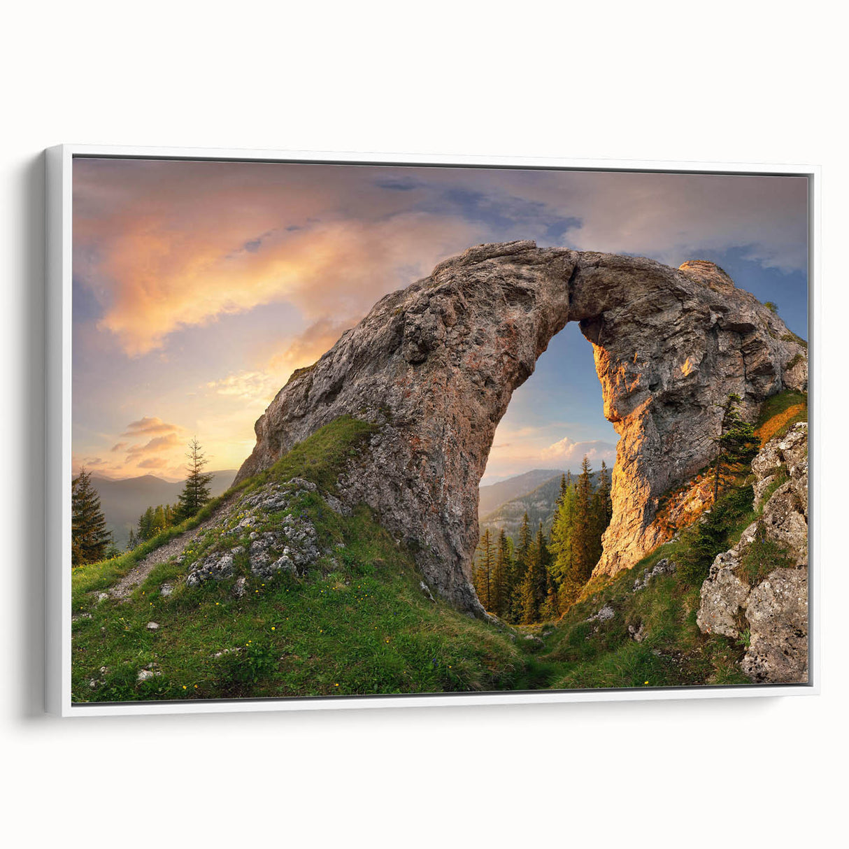 Framed canvas wall art showcasing a serene landscape with rocks and natural elements, presented in a sleek white frame, ideal for home decor enhancement.
