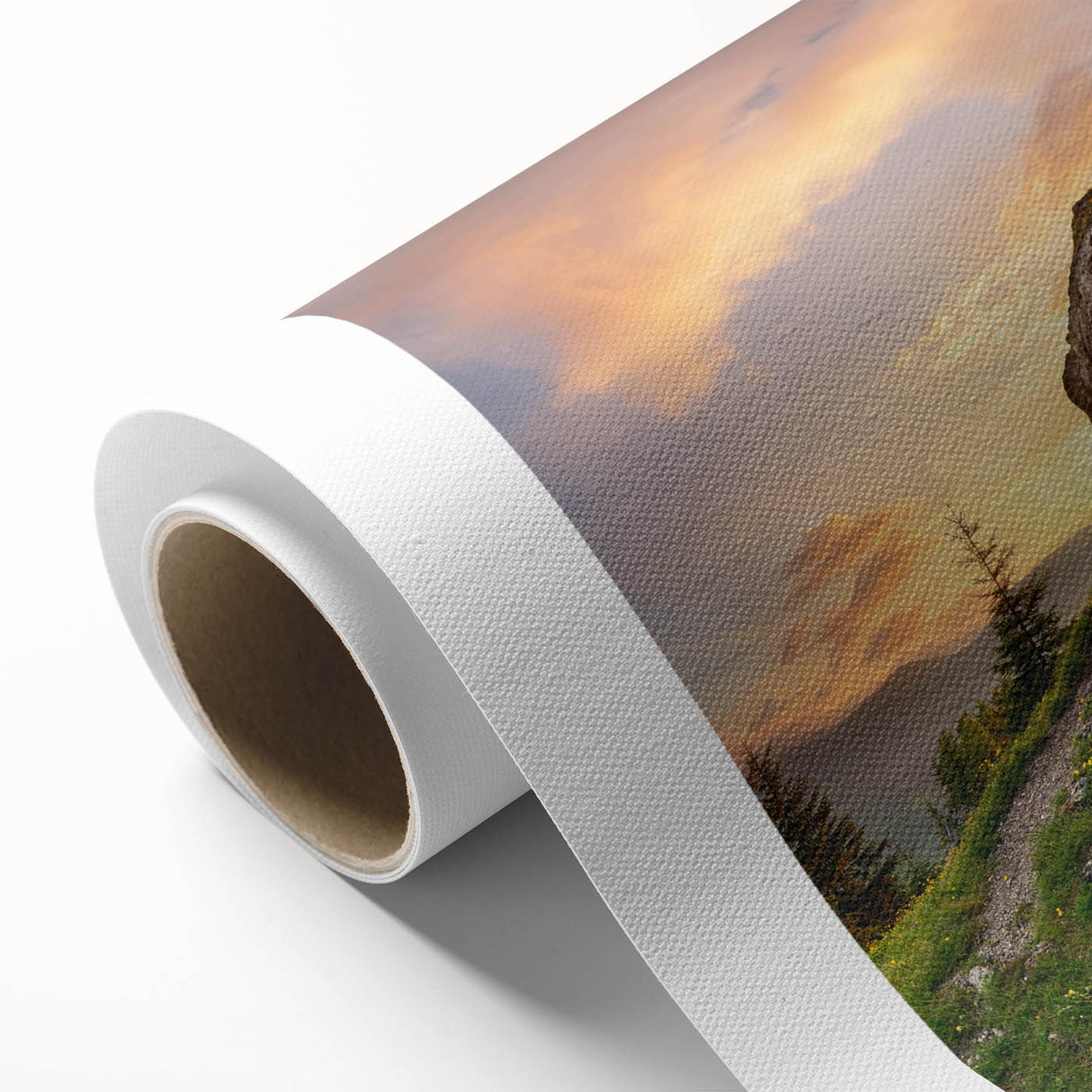 Rolled canvas artwork showcasing a serene landscape with rugged rocks, featuring earthy tones and textures, ideal for home decor. Perfectly packaged for safe delivery.