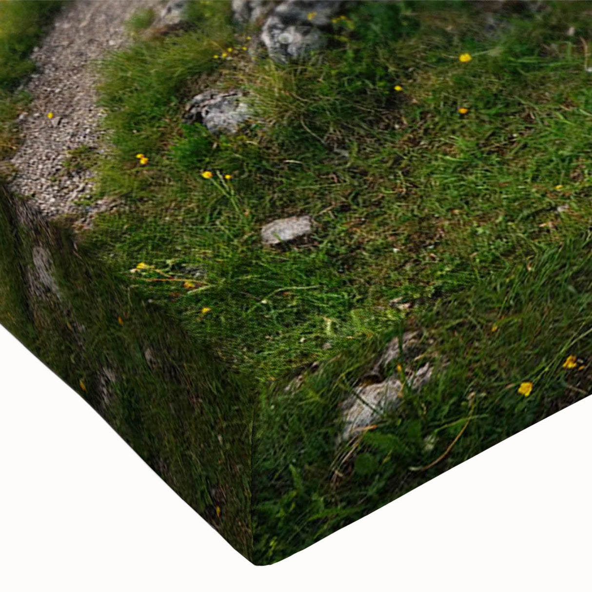 Close-up of a stretched canvas wall art piece showcasing a vibrant landscape design with intricate rock formations and a dynamic color palette, ideal for home decor.