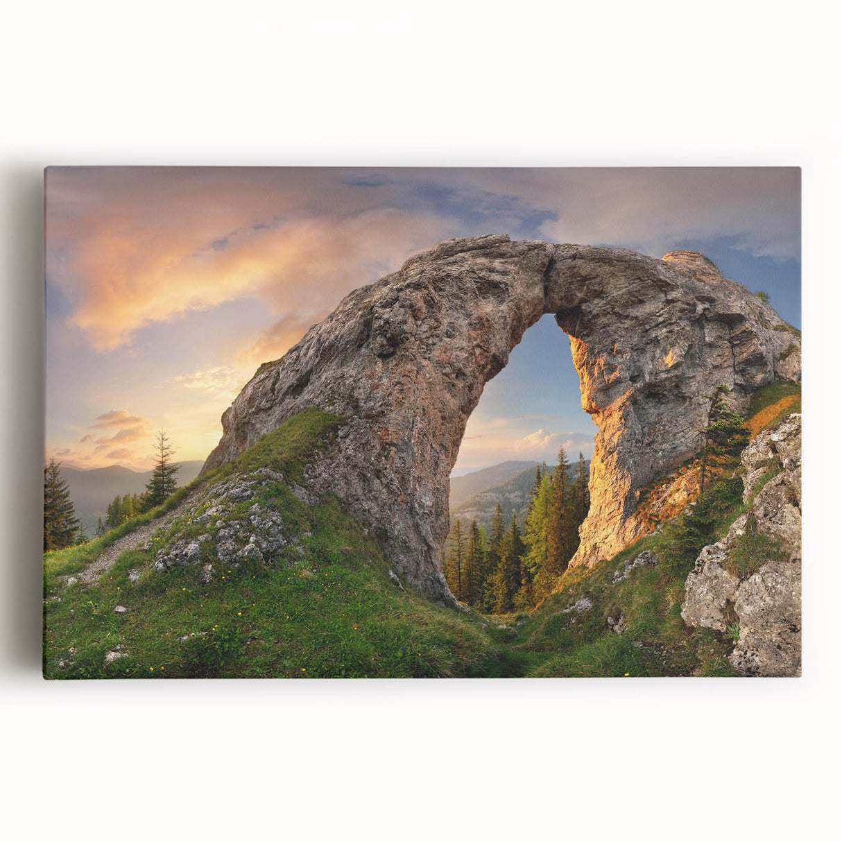 Stretched canvas wall art showcasing a serene landscape with vibrant rocky formations and a vivid sky, perfect for enhancing modern home decor aesthetics.