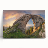 Stretched canvas wall art showcasing a vibrant abstract landscape design with bold rock formations and earthy tones, ideal for modern home decor.