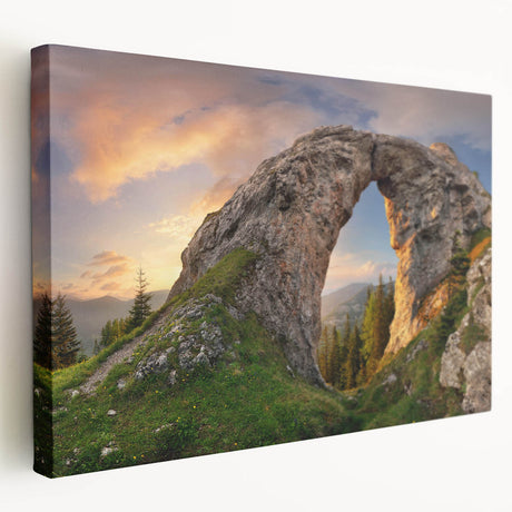 Stretched canvas wall art featuring a vibrant landscape design with rocky formations and rich colors, perfect for modern home decor. Ideal for enhancing interior aesthetics.