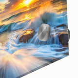 Close-up of a stunning acrylic glass wall art piece depicting abstract landscapes with vibrant rock formations and rich colors, perfect for modern decor.