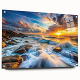 Acrylic glass wall art collection showcasing a vibrant landscape design with striking rock formations, displayed in a side view with decorative pins. Ideal for modern home decor.