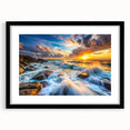 Framed wall art featuring a striking landscape design with rocks and natural elements, presented in a sleek black frame with a white mat, perfect for home decor.