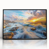 Framed acrylic wall art showcasing a serene landscape of rugged rocks and tranquil water, featuring a sleek black frame, perfect for home decor accent pieces.