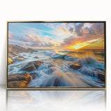 Framed wall art featuring a stunning landscape design with rocky terrain, adorned with a gold acrylic front that enhances visual appeal, perfect for modern decor.
