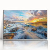 Framed wall art collection showcasing a serene landscape with textured rocks and soft colors, displayed in a sleek white frame for modern decor. Perfect for enhancing living spaces with nature-inspired design.