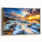 Framed canvas wall art showcasing a stunning landscape with textured rocks and gold accents, ideal for modern home decor. Perfect for enhancing living spaces.