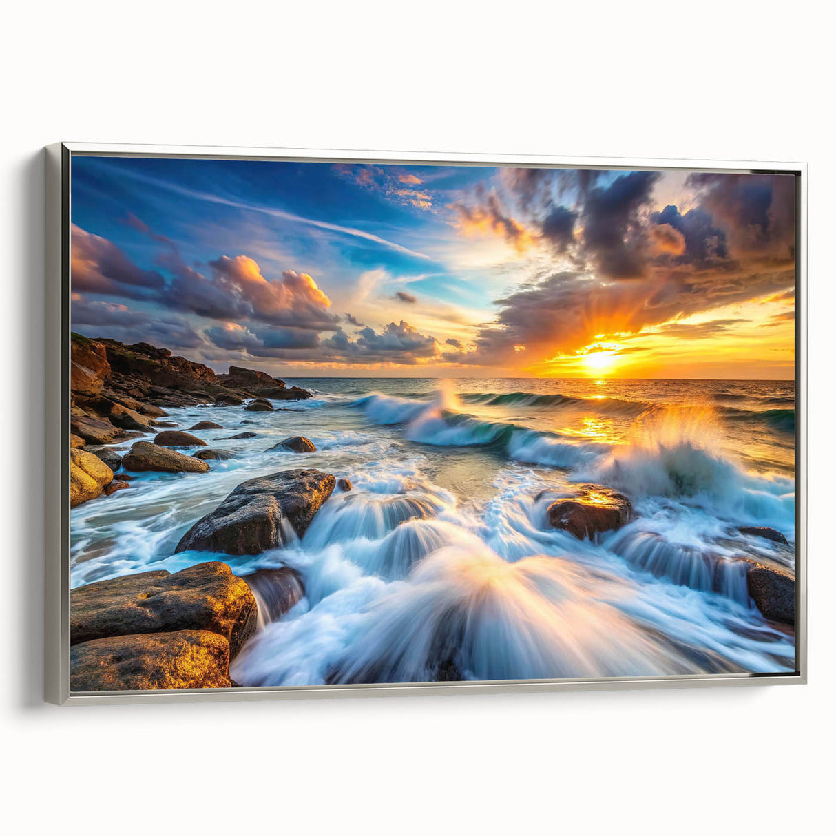Framed canvas wall art showcasing a serene landscape with rocks and trees, featuring a silver frame. Perfect for enhancing home decor with natural beauty.