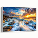 Framed canvas wall art featuring a serene landscape of layered rocks, showcasing earthy tones of brown and beige, ideal for modern home decor.