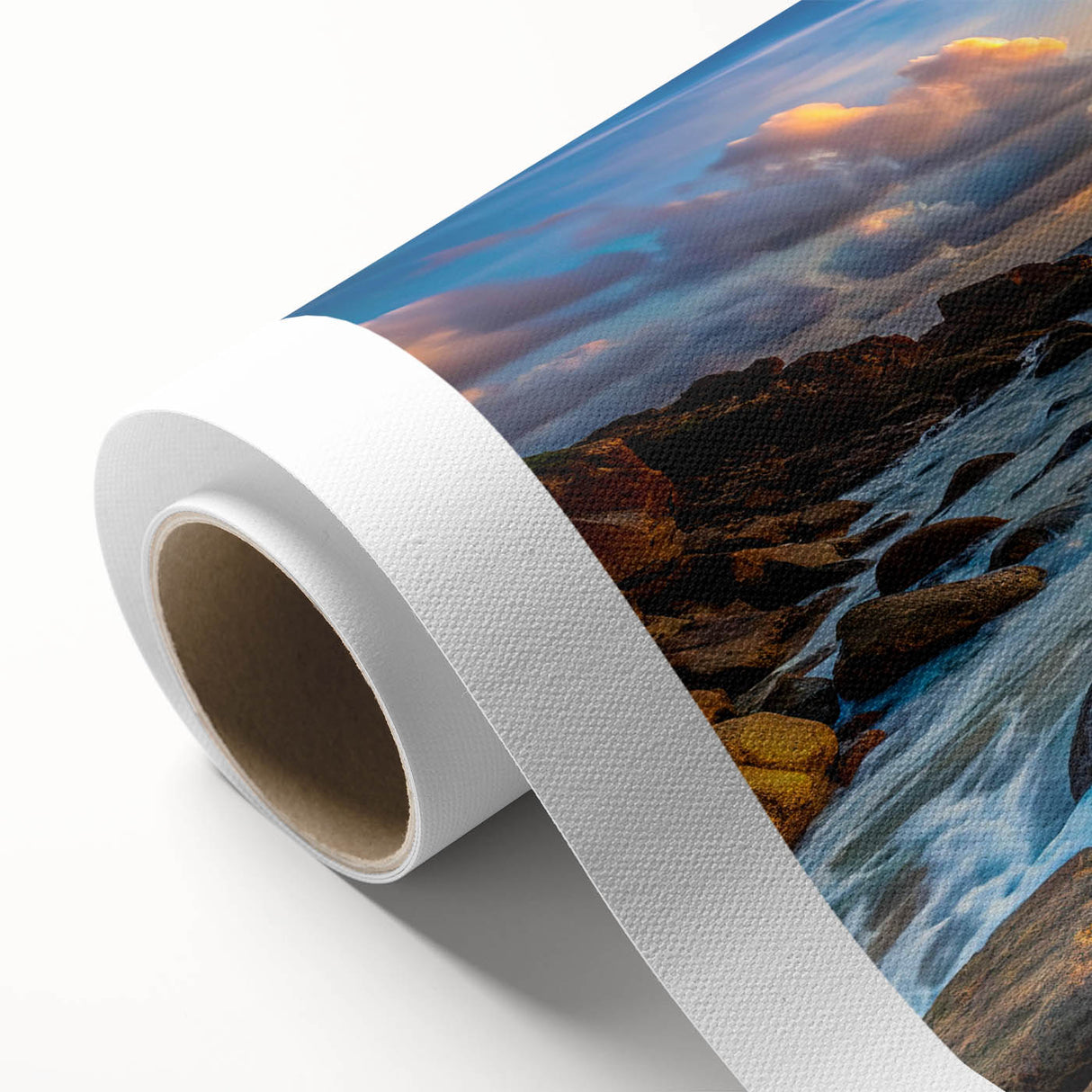 Rolled canvas showcasing a vibrant abstract landscape design with earthy tones and textured details, ideal for modern home decor. Perfectly packaged in a protective cardboard tube for safe delivery.
