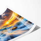 Abstract landscape wall art featuring vibrant colors and rock formations, rolled for easy shipping and display, ideal for modern home decor.