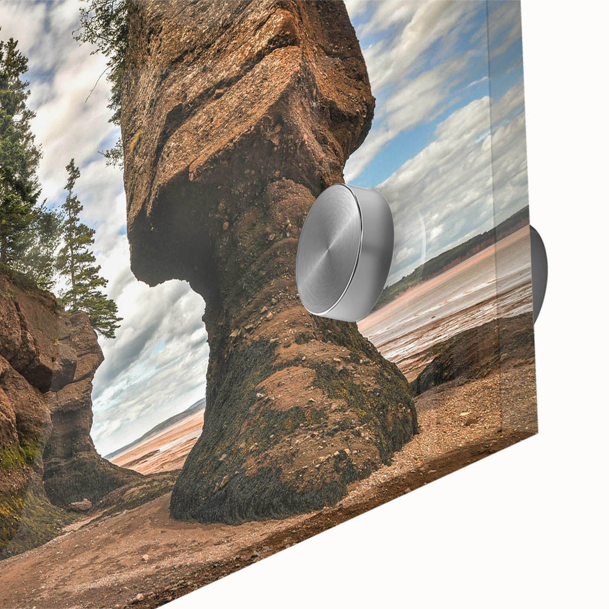 Close-up of a vibrant acrylic glass wall art piece showcasing a stunning landscape with intricate rock formations, perfect for modern home decor and art enthusiasts.