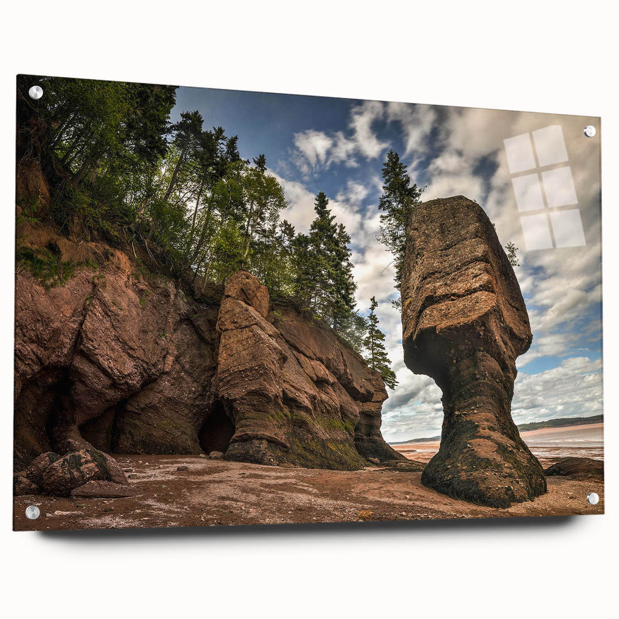 Acrylic glass wall art showcasing a stunning landscape design with rocky formations, displayed in a side view with pins for easy mounting, perfect for home decor.