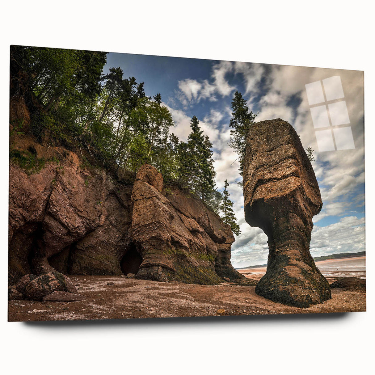 Vibrant acrylic glass wall art showcasing a stunning landscape with textured rocks, designed for modern decor, viewed from the side without mounting pins.